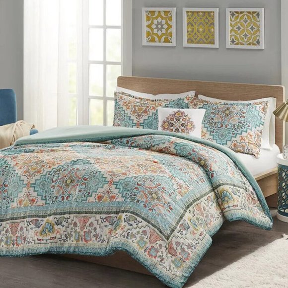 FULL/QUEEN Deliah 4 Piece Teal Green Medallion Print Comforter Set - Picture 3 of 3